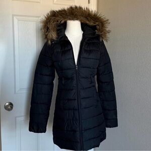 Women's Black Puffer Coat with Faux Fur Hood size XS